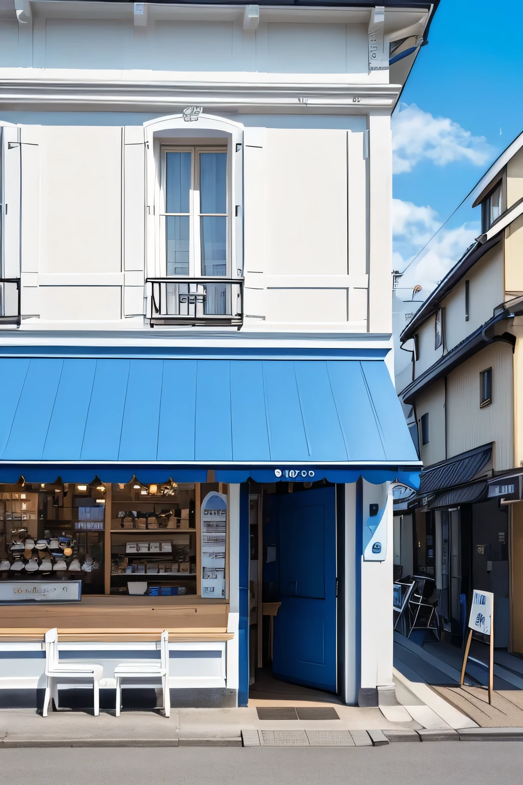 Exterior design of a milk specialty store based on blue, white and black。 A cute, pop-style French country-style shop for women。 Fresh milk for sale、Soft serve ice cream and milk pudding、A store that also sells milk donuts。 Located in Kichijoji, Japan。 There are about 10 seats in the eat-in area.。