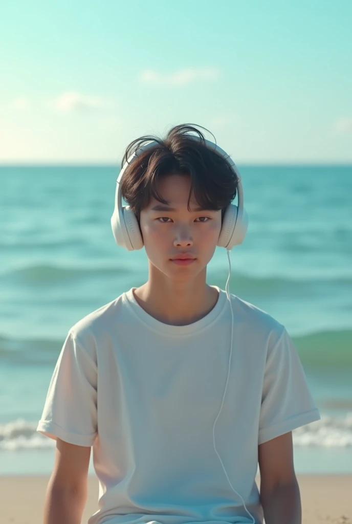 ager by the sea,Wearing a white T-shirt,Wearing white headphones