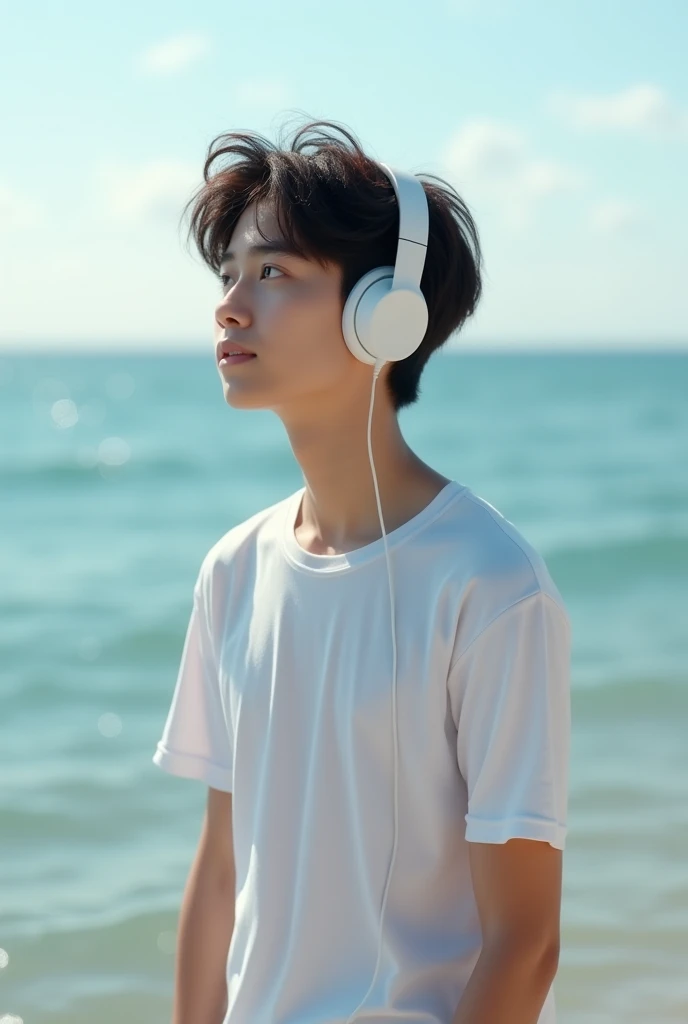 Teenager by the sea,Wearing a white T-shirt,Wearing white headphones