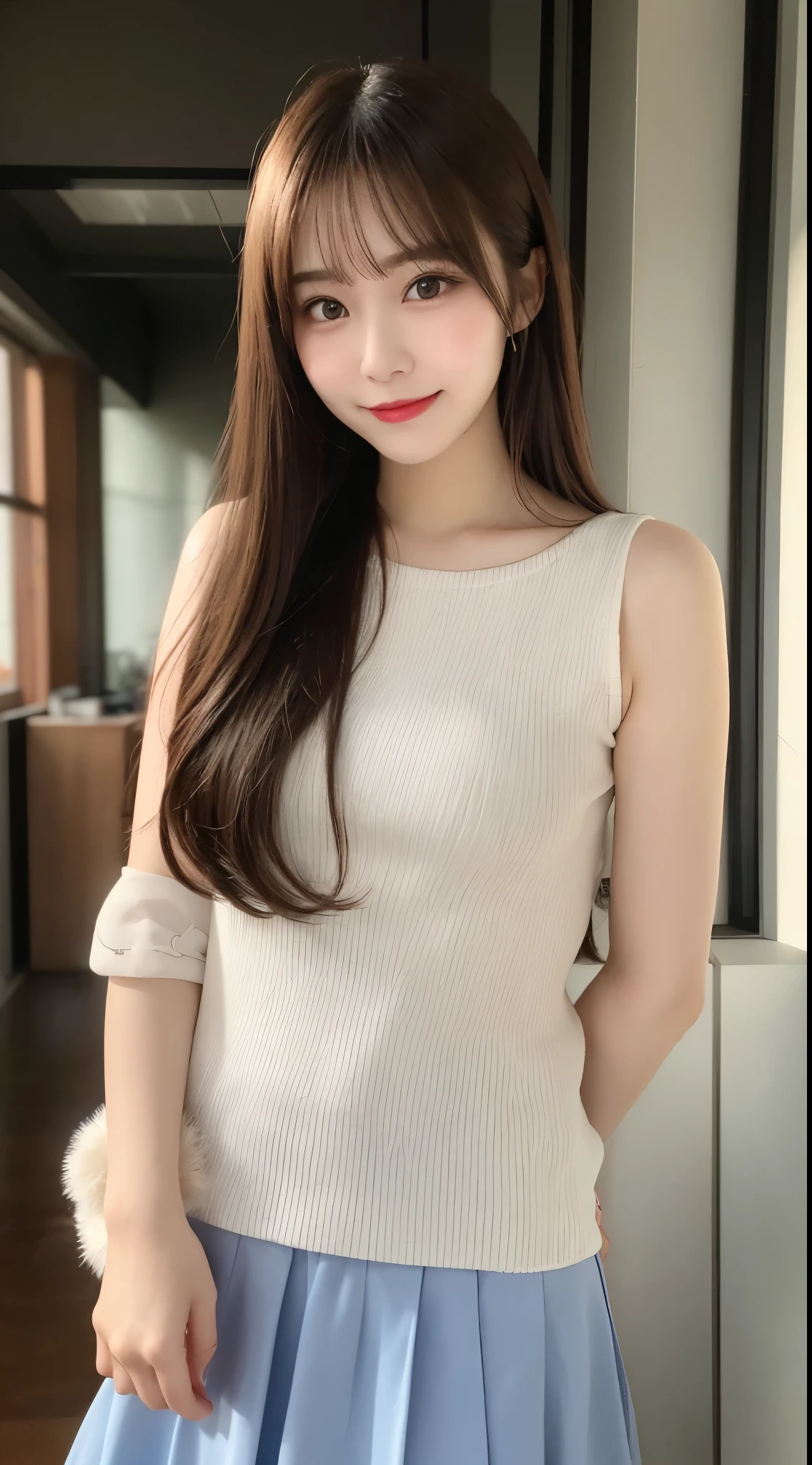 Tabletop, Highest quality, shape, Very detailed, finely, High resolution, 8k wallpaper, 完璧なダイナミックな構shape, Beautiful and detailed,ランダムなcute髪,,Natural color lip, Bold sexy pose,smile、20-year-old girl、cute、Looking into the camera,Always blur the background,Perfect and beautiful face,Slim face and figure,Big eyes、Putting on gal makeup,Small face,Shooting from below、smile,Blurred Background,Elegant feminine face、Cyberpunk Fashion、smile、Cosplayers(Flared skirt girly fashion)