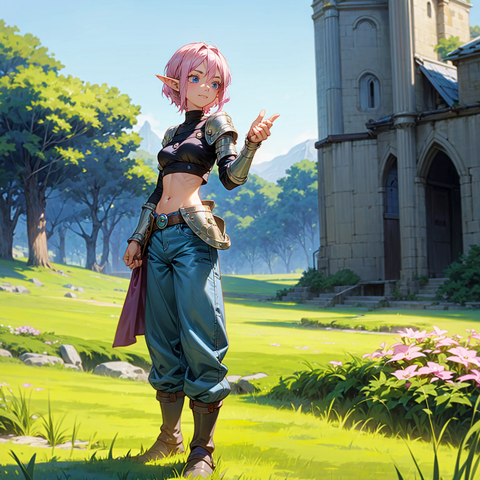 Solo character, full body version, old girl, medium breast, (elf), blue eyes, pink color hair, short hair, black crop top, bare shoulder, jeans pants, boots, outdoor, field, Greenland, medieval, standing gesture, detailed background, detailed clothing, detailed hair, (one piece style art, Doraemon style art), happy, armored 