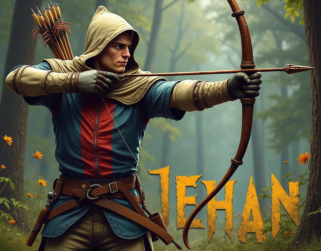 A poster depicting a bowman, bending a long bow, with a quiver full of arrows. wearing light armor and damaged, robin wood's hat, gloves, very battle-damaged, blue and red coat of arms and thin vertical yellow sword painted upwards between 2lily flowers, . He has pale skin, sneaky face. (He's in a forest with the words "Jehan" written in large golden letters in the foreground).