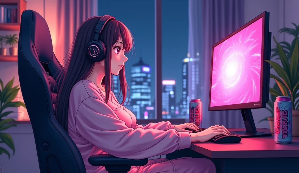 Perfect image, 8k, night、Energy Drinks、Sit in a gaming chair、Private room、Playing rhythm games on a PC、high school girl、Big Breasts、cute、looks fun、excited、smile、long hair、 Loungewear、Using headphones、City view outside the window、2D-style animation, Lo-Fi、Retro、Anime style illustrations、Line art with clear outlines