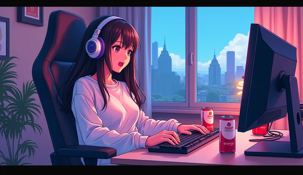 Perfect image, 8k, night、Energy Drinks、Sit in a gaming chair、Private room、Playing rhythm games on a PC、high school girl、Big Breasts、cute、looks fun、excited、smile、long hair、 Loungewear、Using headphones、City view outside the window、2D-style animation, Lo-Fi、Retro、Anime style illustrations、Line art with clear outlines