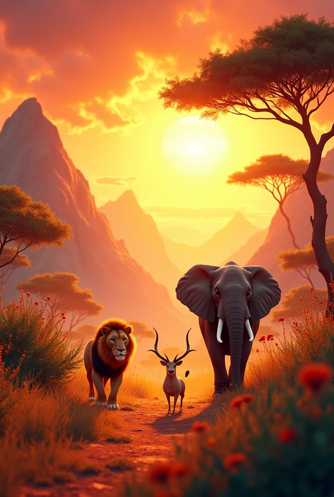 Easy to draw and creative image for poster with the caption Africa: A fiery journey through a wildlife safari.
In animation form
Put the caption
Africa: A fiery journey through a wildlife safari.