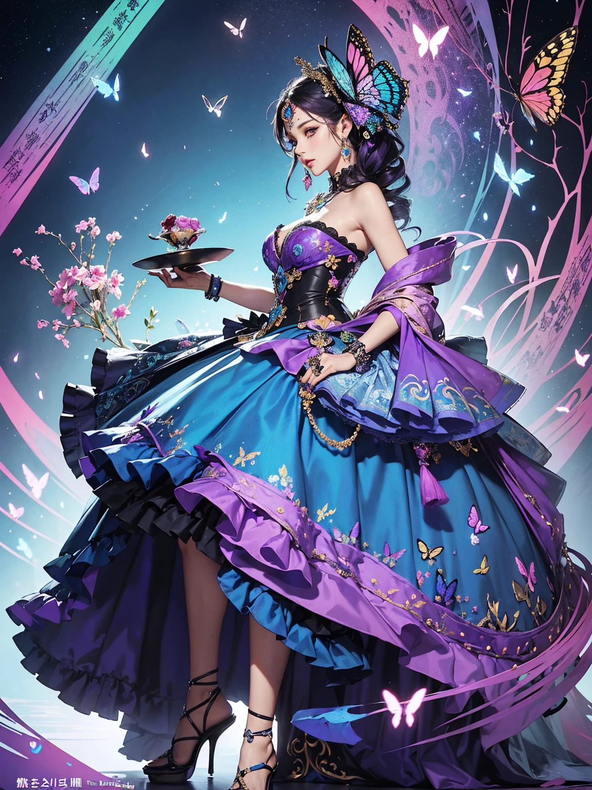 Butterfly motif、Purple and blue tones、Vibrant colors、((masterpiece)))、(((top-quality)))、((ultra-detailliert))、(A hyper-realistic)、(highly detailed CGillustration)、From the right side、Official art、Prague at the beginning of the 20th century、Decadent、Madame Papillon、Cool Beauty、Masquerade、refinement、Elegance、Gorgeous、Masks that cover most of the face、Colorful and detailed mask design、matchless beauty、Fans、gorgeous dress、jewely、Perfect Angle、perfect-composition。full body Esbian