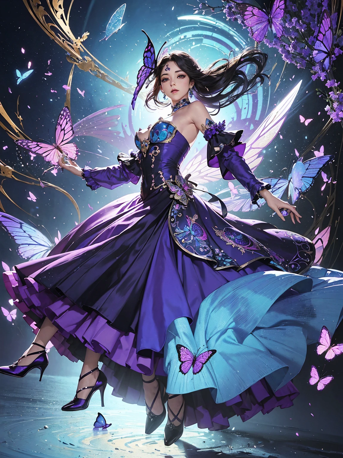Butterfly motif、Purple and blue tones、Vibrant colors、((masterpiece)))、(((top-quality)))、((ultra-detailliert))、(A hyper-realistic)、(highly detailed CGillustration)、From the right side、Official art、Prague at the beginning of the 20th century、Decadent、Madame Papillon、Cool Beauty、Masquerade、refinement、Elegance、Gorgeous、Masks that cover most of the face、Colorful and detailed mask design、matchless beauty、Fans、gorgeous dress、jewely、Perfect Angle、perfect-composition。full body Esbian