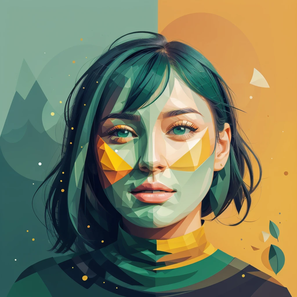 Abstract summer, minimal, vector, mix of natural and geometric, 2D, mostly using color code dark green and mustard palette, dark gray green, dark green mustard pastel color, using very little dark green warm colors with tonal combination With green and mustard color, the direction of face and look around, the face should be minimal and abstract, the face should not be realistic and photographic, particle face, the face should be geometric and abstract cubism. Style, different face styles, dark gray green, face blend with background