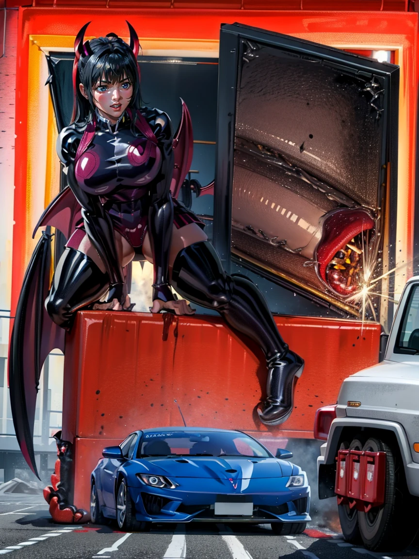 （Giant Elements、High resolution、High resolution、high quality、Accurate body structure、Detailed body）、(Devil woman stomps on car:1.6)
