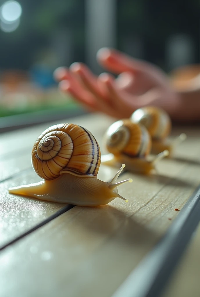 Cerithidea obtusa((rabbit snail)). Racing on track. . Tilt shift photography. Live streaming on tv. Human hand background 