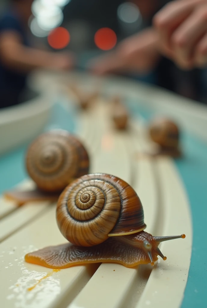 Cerithidea obtusa((rabbit snail)). Racing on track. . Tilt shift photography. Live streaming on tv. Human hand background 