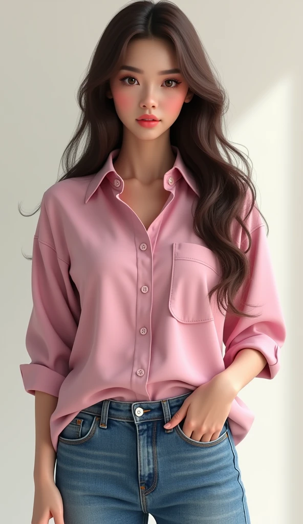 ((masterpiece,best quality,8k,highres)),((character concept art)), 1 female, young adult female, university student, 1, 170 cm height, (long brunette hair), brunette hair, (fair skin colour), ultra finely detailed eyes (brown eyes colour), sexy, pretty, hot, flirty, charming, funny, kind, playful, sugar baby, perfect body build ((supermodel)), ((intricate detail)), super finely detailed hands, ultra finely detailed fingers(((ten fingers))), wearing pink Oxford shirt and denim jeans (standing still), ((full body showcase)), ((show full body)), (no logos on background), (no logo), ((plain background)), ((plain background)), (((empty background)))