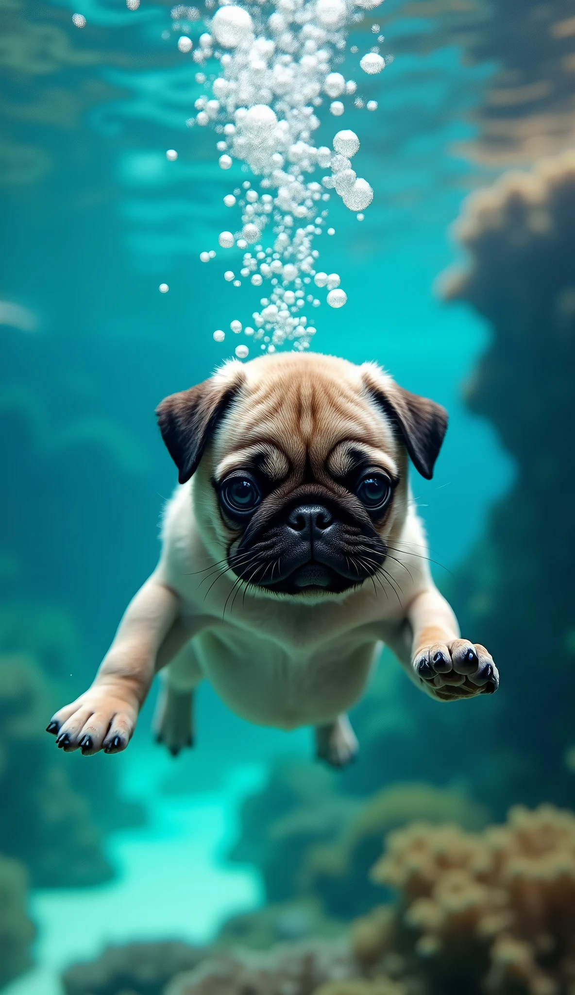 realistic photo, 34k, A puppy pug in swimming trunks, diving to the bottom of the sea, he exhales air and creates bubbles from under the water, photo