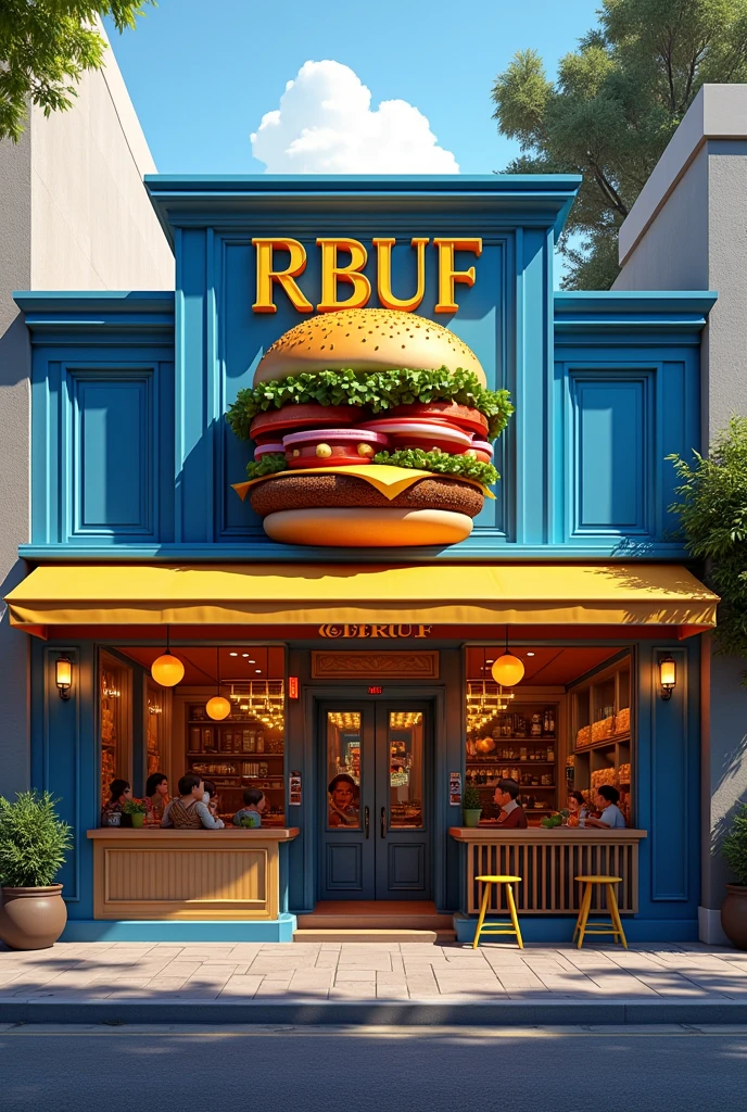 Realistic facade of a hamburger restaurant named Rbuf at the entrance with blue and yellow colors and a hamburger 