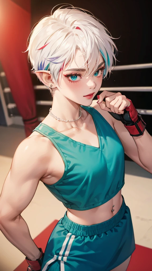 8k, masterpiece, best quality, highly detailed, 1 girl, elf, pixie cut, multicolored hair, very short straight hair red highlight hair on white hair, strippled hair, earrings, navel piercing, red eyeshadow, long eyelashes, blushed cheek, red lips, pearl necklace, rings, collarbone, muscular, mole on face, glamorous, teal and purple clothes, sleeveless, sport skirt, sport bra, smirk, close up view, rings, looking at viewer, boxing gym, boxing glove, MMA 