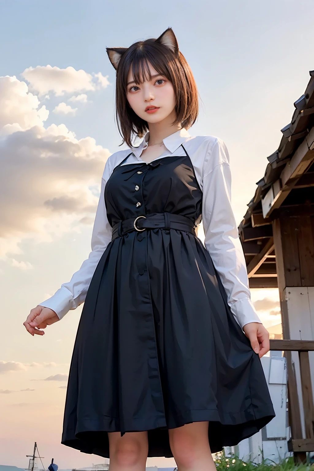 Masterpiece, 4K, bokeh, (Valley ball costume:1.3), (Brown hair:1.2),(Blushed face:1.3), (Plump breast:1.2), (Standing in seashore:1.2), (Cat ears:1.3),(From below:1.6),(Sundown :1.2), (Orange beautiful sky and clouds:1.2)ソロ, ソロ, ソロ, ソロ, ソロ,