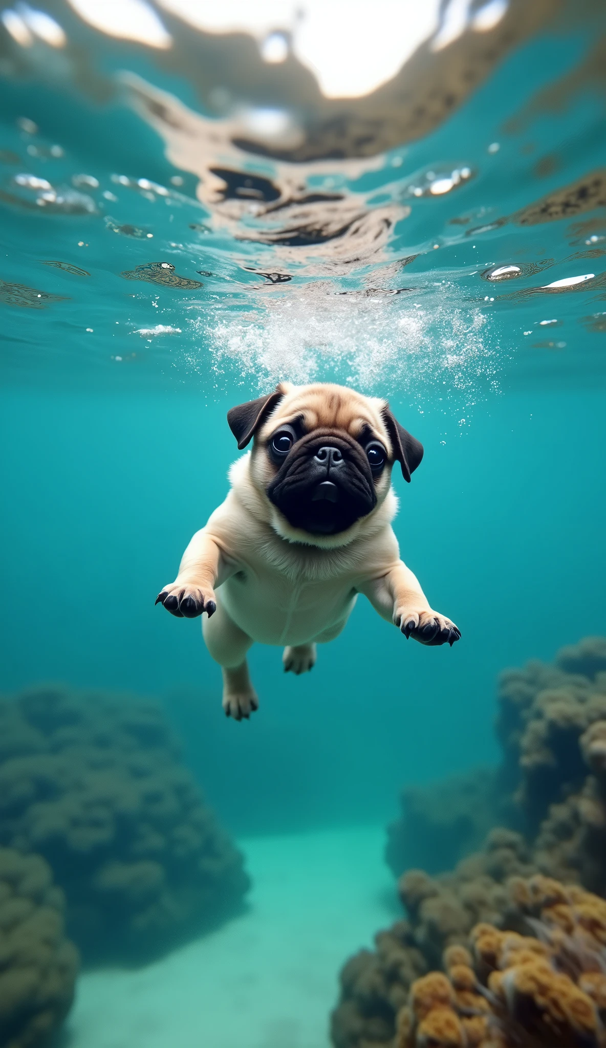 realistic photo, 34k, A puppy pug in swimming trunks, diving to the bottom of the sea, he exhales air and creates bubbles from under the water, photo