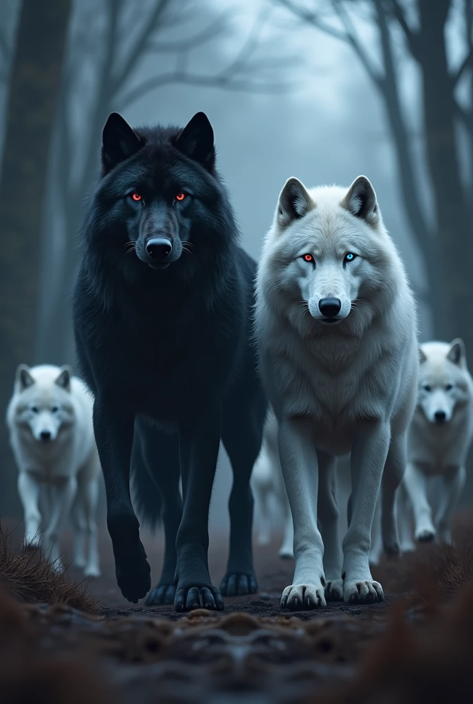 A big black wolf with red eyes, alpha, velues, stark, Team Wolf style, Do lado dele uma loba alpha branca de olhos azuis. Behind them a pack, hundreds of mixed-coat wolves,betas.
at the forest, dark twilight style