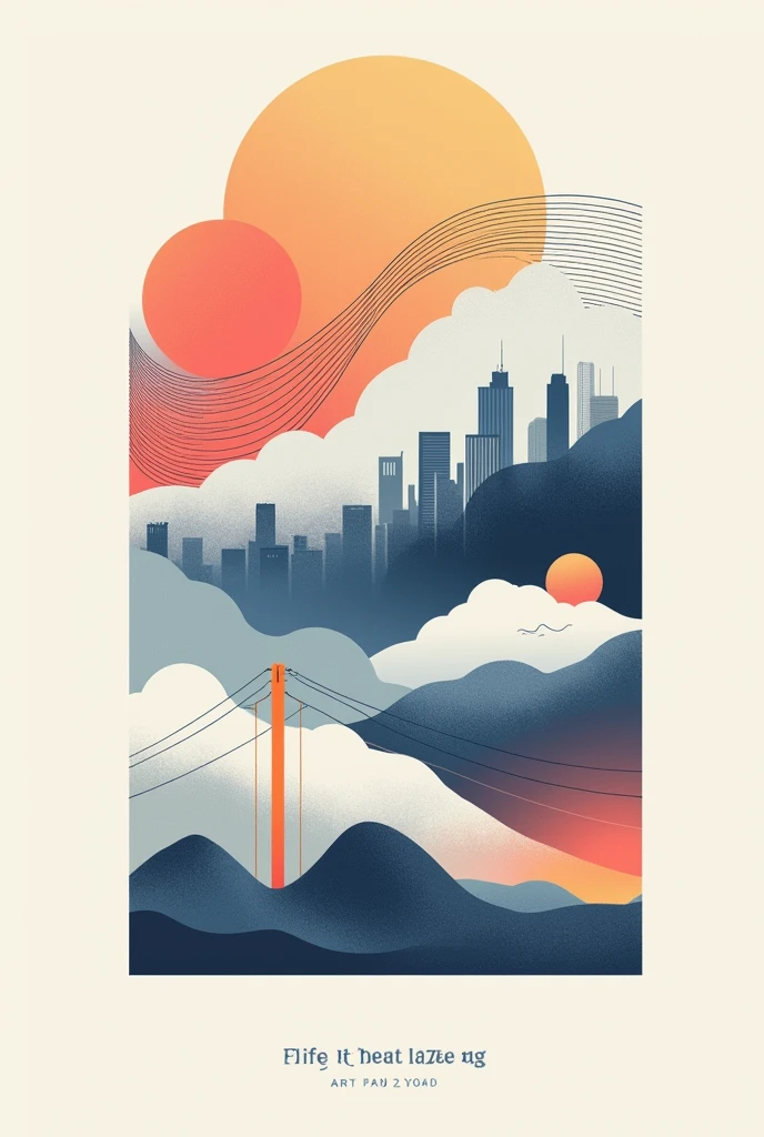 Show a poster that illustrate the 7 elements of art. For line, show a cityscape using only lines of different thickness and style. For shape, create a collage of various geometric shapws that form an abstract. For space, a landscape with a clear foreground, muddle ground and background. For value, show a grayscale gradient from light to dark using a simple object. And for intensity make a gradient using a single color transitioning from light soft pastel to deep saturated hue.