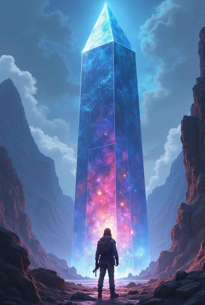 An adventurer guy is facing a colossal crystal the size of 3 skyscrapers in a mountainous area with cosmic aura. The crystal looks cosmic and so does the area. Make the area and Crystal's glow very intense blue, purple, and scarlet