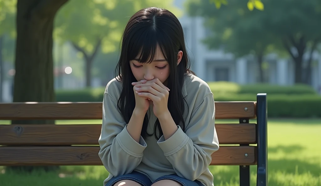 Female student sitting on a bench looking sad, crying, 4k detail 