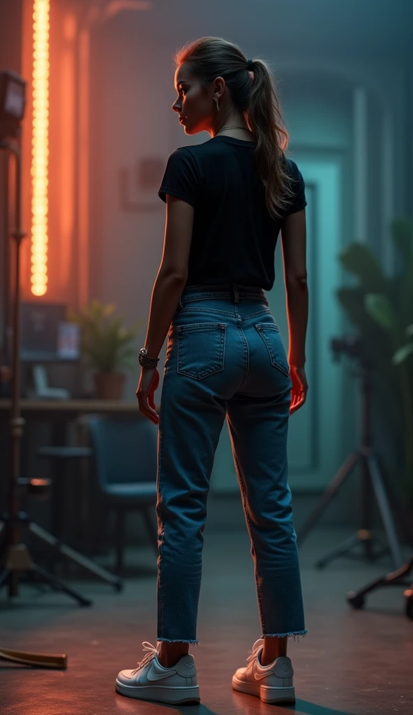 a girl with black jeans, black shirt, white nike sneakers, back view, highly detailed, photorealistic, 8k, hyperrealistic, extremely detailed, masterpiece, studio lighting, volumetric lighting, elegant, beautiful, dynamic pose, cinematic atmosphere, moody lighting, dramatic lighting, rich textures, intricate details, striking colors, vibrant colors, natural tones