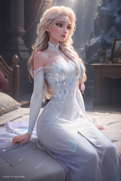 Elsa, Frozen, big breasts, modelshoot style, realistic, masterpiece, absurd, best quality, HDR, high quality, highest resolution, elegant, very detailed, muitos detalhes, Beautiful, digital painting, artstation, by artgerm, by Liang Xing, by WLOP, sharp focus, 8k, intricate details, sharp lighting, movie lights, natural light, hard light, backlight, global illumination, Environmental occlusion, Ice Environmental luxury European style bedroom