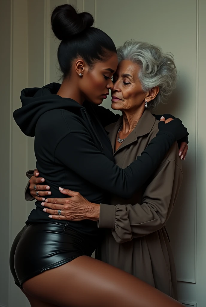 black woman hair in a bun black hoodie black leather short shorts a old grandma in a dress in between her legs kissing her pussy