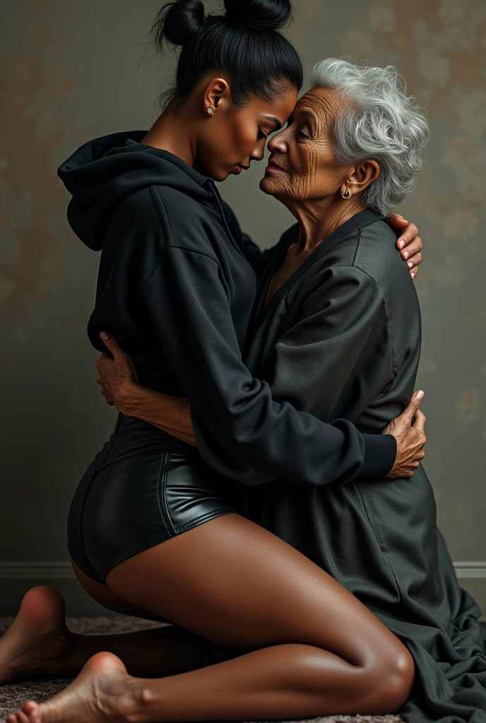 black woman hair in a bun black hoodie black leather short shorts a old grandma in a dress in between her legs kissing her pussy