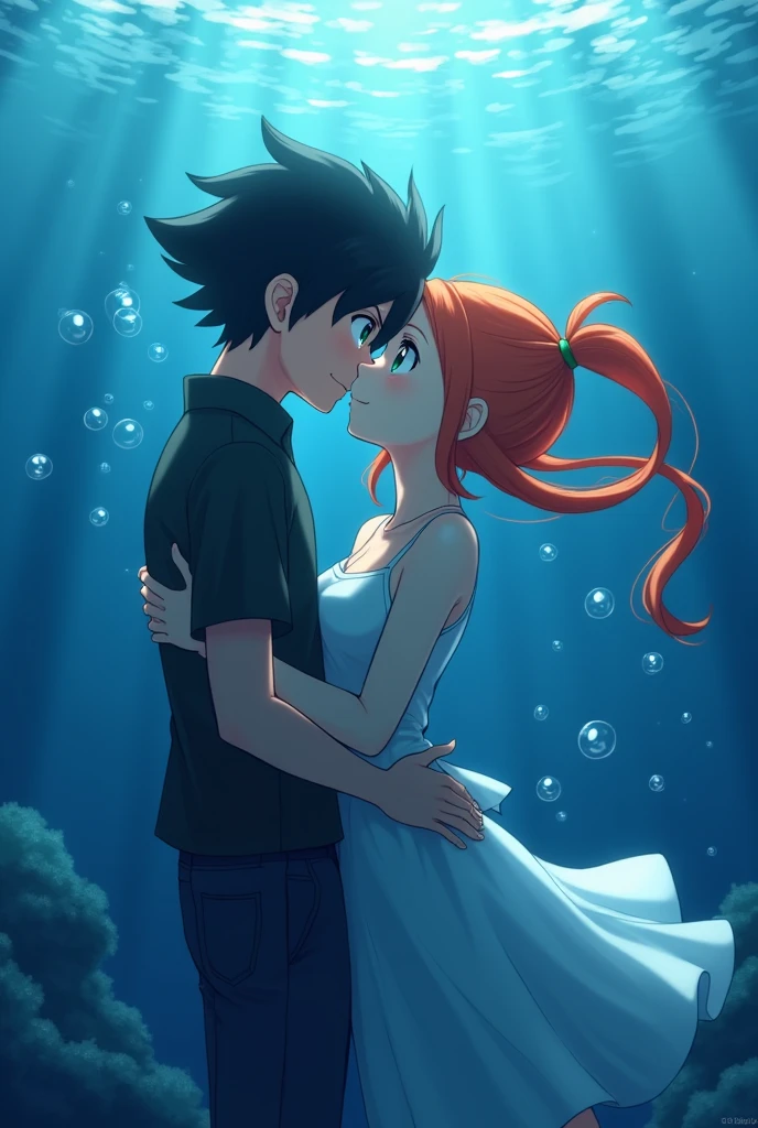 Wallpaper,masterpiece,High resolution,8K, anime
( ash_pokemon; black hair, brown eyes)(Misty_Pokemon)(1 18-year-old girl)
(Orange Hair,one side up hair,Big green eyes,Small breasts,Skinny, beautiful smile) cute girl, siren, kiss couple, kiss underwater,love
Attention to detail, high quality, Surrounded by bubbles、A world of deep blue、Overall, a work in deep blue tones
