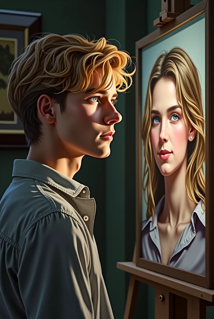 Cute beautiful blonde short hair feminine boy and girl in bedroom optimistic couple