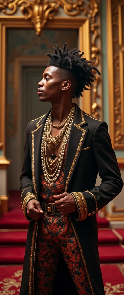 intricate baroque hall, self-assured rapper with ornate baroque hairstyle, elegant rapping in decorated chambers, baroque style decor, English heritage style, high quality, realistic, photorealistic, sharp focus, vivid colors, ornate details, dramatic lighting