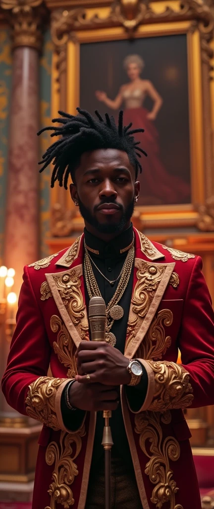 intricate baroque hall, self-assured rapper with ornate baroque hairstyle, elegant rapping in decorated chambers, baroque style decor, English heritage style, high quality, realistic, photorealistic, sharp focus, vivid colors, ornate details, dramatic lighting