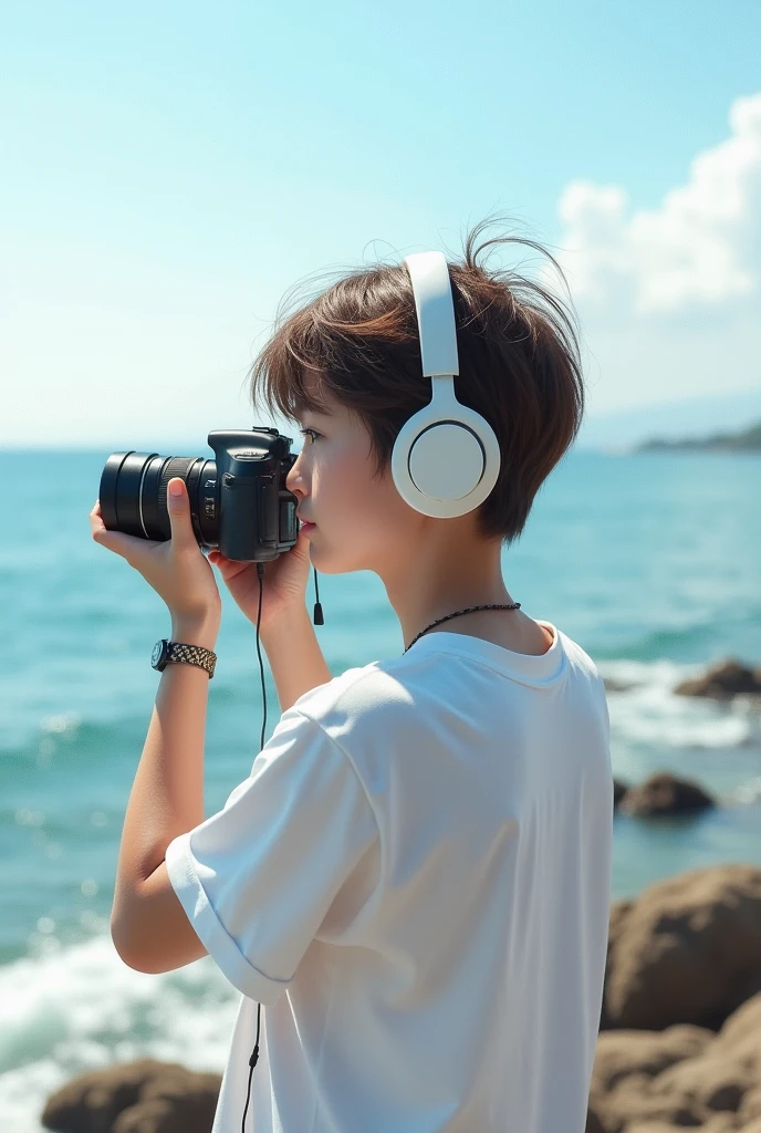 ager by the sea,Wearing a white T-shirt,Wearing white headphones,photography,Reality,Realism