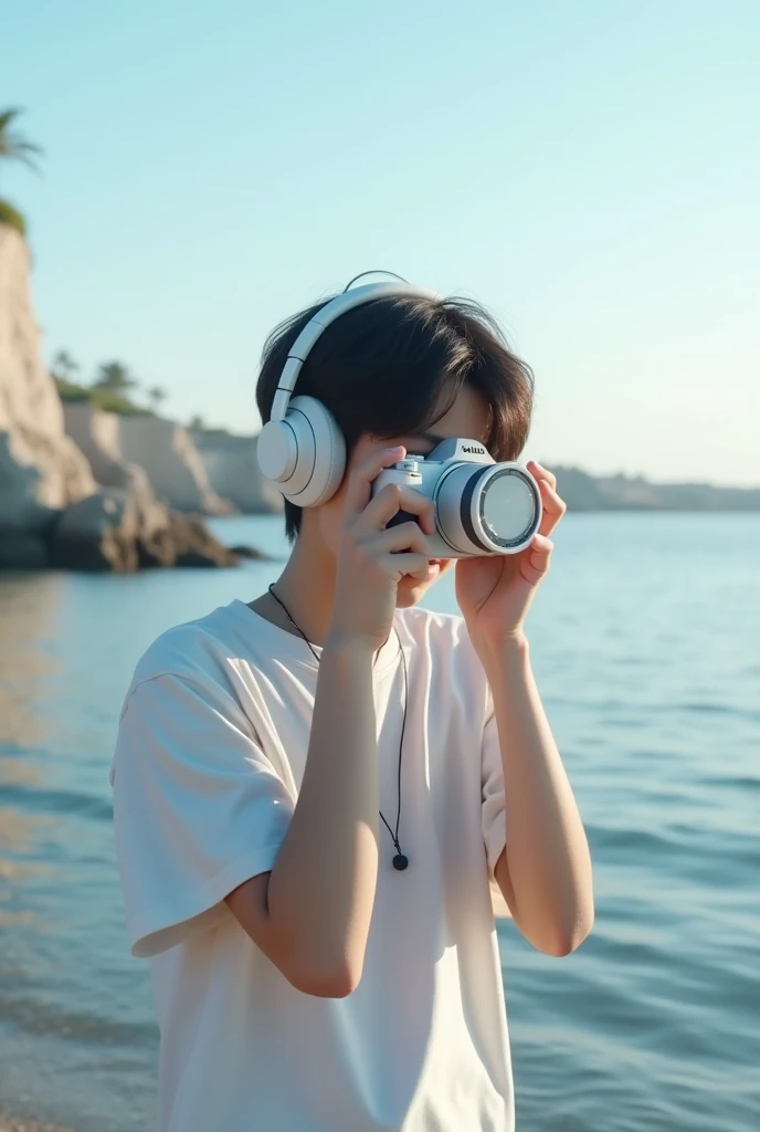 Teenager by the sea，Wearing a white T-shirt，Wearing white headphones，photography，Reality，Realism