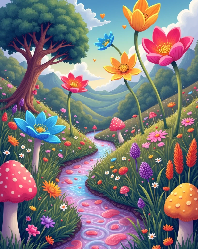 Full of illusion beauty,Rainbow flowers floating in the sky,Grass with blooming stars and mushrooms,The tree is in the shape of a heart,The river flows with milk and rainbow candies