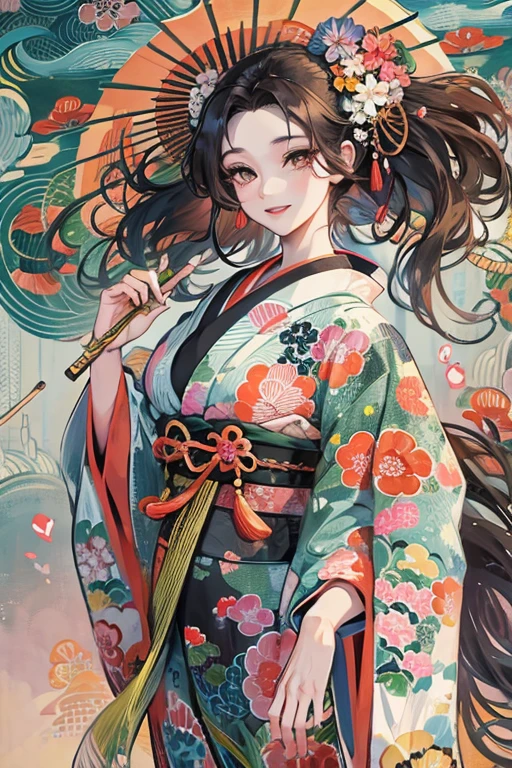A beautiful woman in a kimono shows her upper white teeth、Vividly colored Japanese Ukiyo-e style illustrations、SeaArt creates stunning illustrations of beautiful women in kimono、Brown-black long hair、Full Body Style、Beautiful digital illustrations,、Beautiful digital painting, Anime CG art, Detailed digital anime art, Beautiful anime portraits