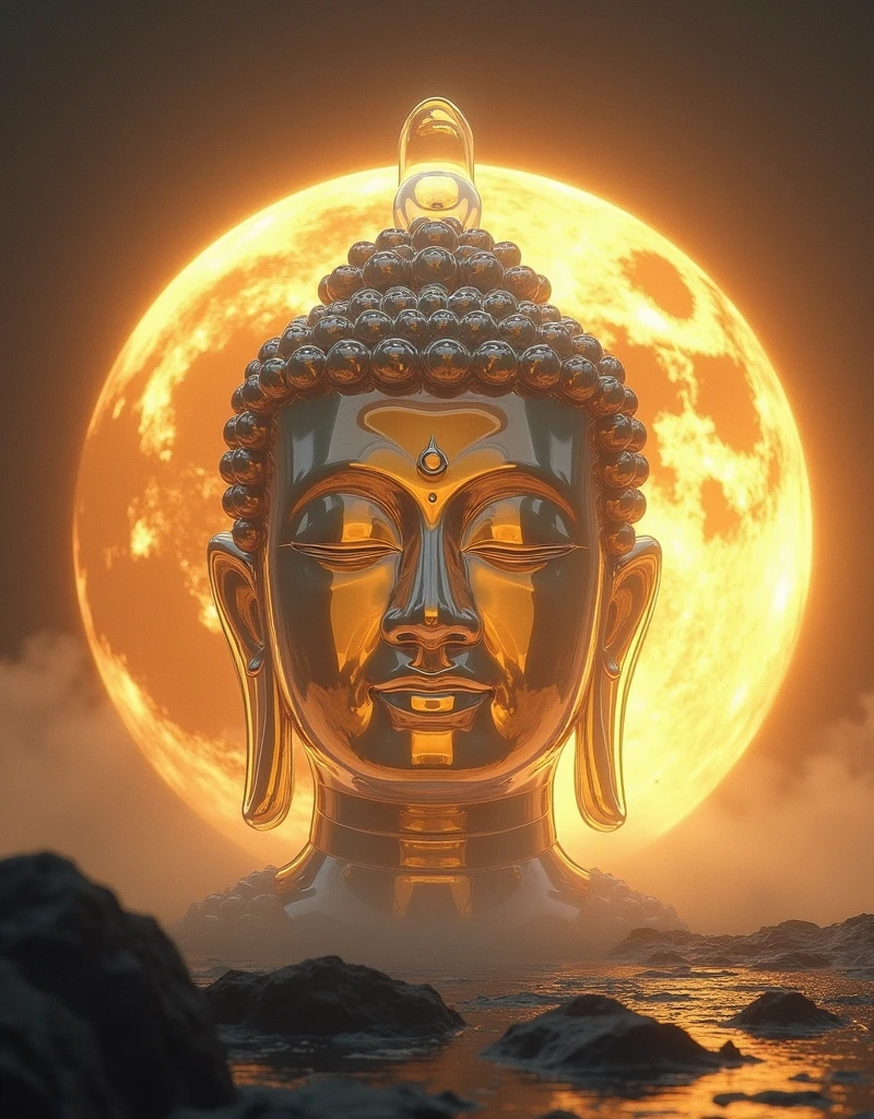 The huge transparent Buddha head is、Front view with earth yellow planet in space in the background,Glow effect,OC Rendering