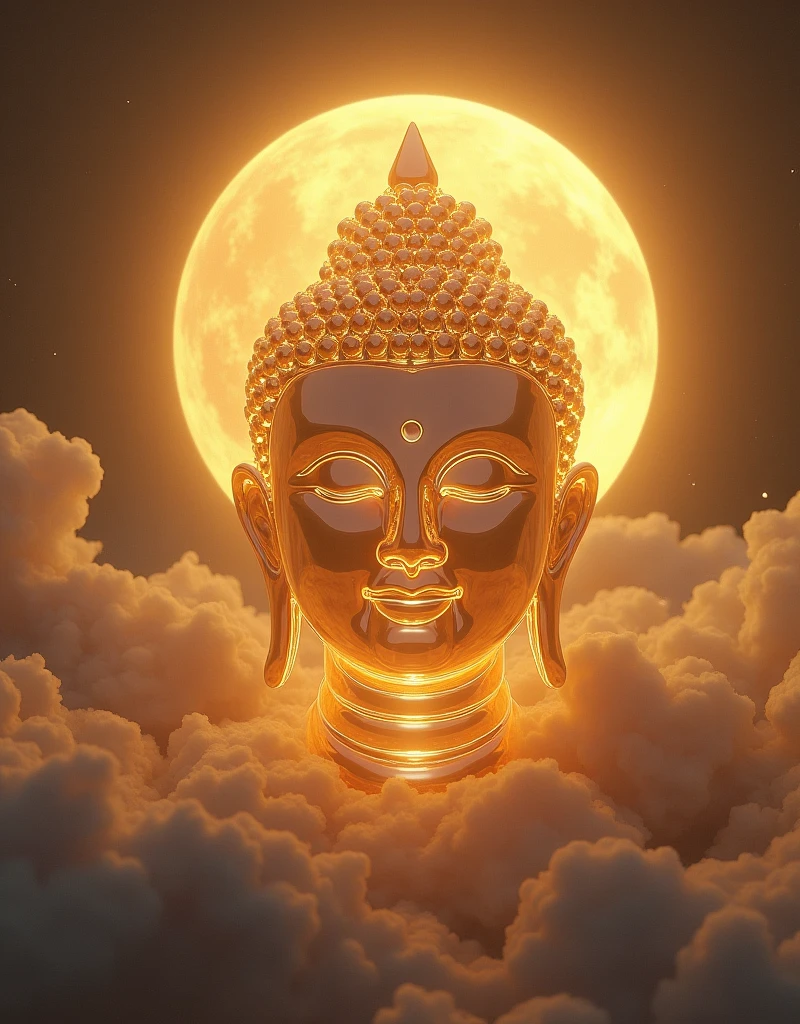 The huge transparent Buddha head is、Front view with earth yellow planet in space in the background,Glow effect,OC Rendering