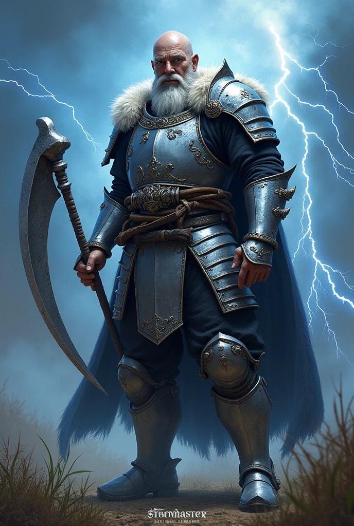 "Créez une image réaliste et intense comme une photo d'un guerrier nommé FarmMasteR,avec un chapeau de paille. Le guerrier doit tenir une grande faux, représentant son expérience agricole. Le personnage doit être vêtu d'une armure médiévale de samouraï argenté comme un miroir reflétant la lumière, il est affûté avec une présence unique et effrayante. Des éclair tournent autour de lui comme une aura. L'arrière-plan doit représenter un monde psionique avec des tons bleus, rempli d'éclair, dans un atmosphère intense. être dramatique, en soulignant l'apparence puissante et unique de FarmMasteR. Le nom « FarmMasteR » doit être affiché dans le fond de l'image dans une police gothique