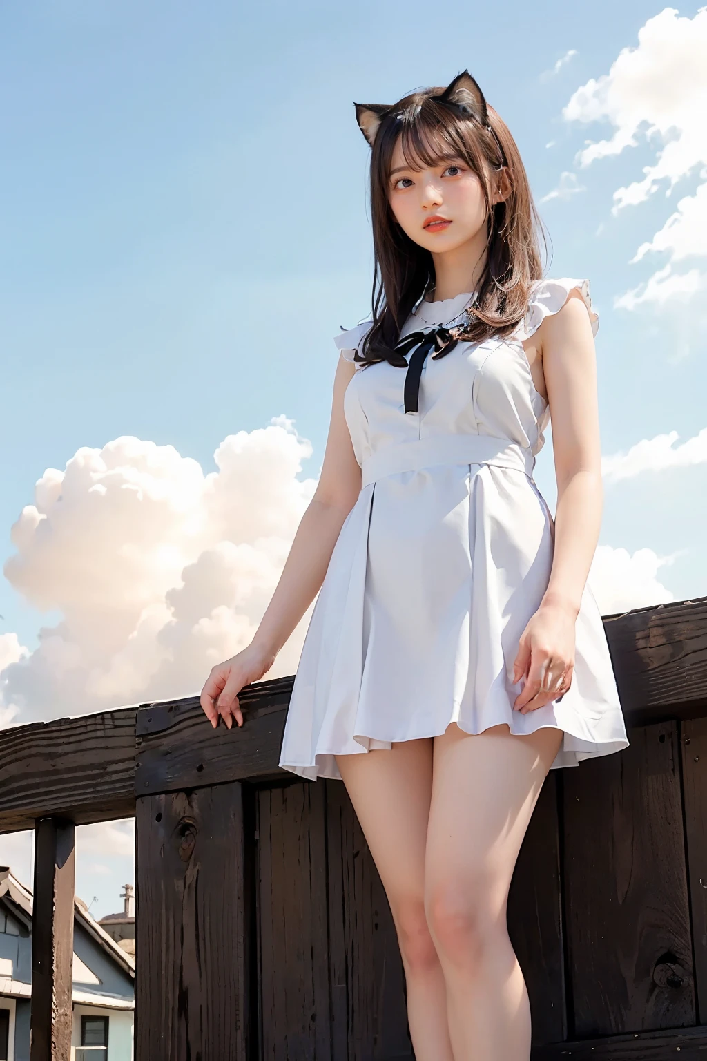 Masterpiece, 4K, bokeh, (Valley ball costume:1.3), (Brown hair:1.2),(Blushed face:1.3), (Plump breast:1.2), (Standing in seashore:1.2), (Cat ears:1.3),(From below:1.6),(Sundown :1.2), (Orange beautiful sky and clouds:1.2)ソロ, ソロ, ソロ, ソロ, ソロ,