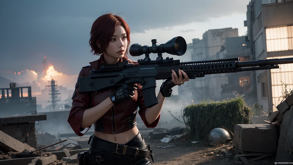 This is a super detailed、Ultra-high-definition facial detail，High resolutionで最高品質のCG Unity 8k壁紙，Realistic, High resolution, alone, Hip Up,The style is cyberpunk，Mainly black and red。In the photo, A tall beautiful girl appeared，Short Red Hair，Delicate face，Steam mechanism installed，Standing on the ruins，Woman in motion holding a heavy sniper rifle