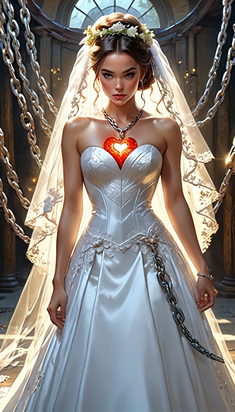 oil painting anime comic art, Larry Elmore, art of a groom held by ((radiant chains)), in his wedding day and his bride, a handsome groom, wearing suit and tie, BREAK a beautiful, sexy bride, busty bride, wearing white leather wedding dress, the chain holds the groom, with chains, the chain forms the shape of red glowing heart, cinematic light, High Detail, Ultra High Quality, High Resolution, 16K Resolution, Ultra HD Pictures, Ultra Realistic, Clear Details, Realistic Detail, Ultra High Definition,