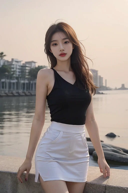 Ultra-detailed 8K photos of Japanese gravure models，Shoulder-length wavy hair and striking hazel eyes. She strikes a seductive pose on a tropical beach, dress chicly black and white, Vest,  mini skirt, when she naughtily, Looking at the camera, Surrounded by peaceful and beautiful ocean and palm trees