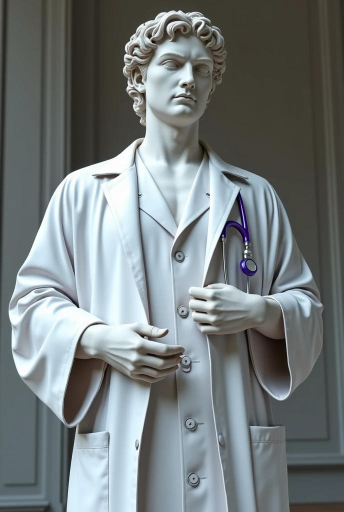 Greek statue dressed in a DOCTOR'S LAB COAT AND INSTRUMENTS WITH PURPLE DETAILS
