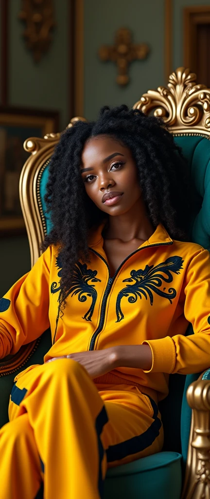 a Jamaican Caribbean woman with dreadlocks,wearing a tracksuit with black culture motifs,reclining on a baroque sofa with a deadpan expression and swagger posture,(best quality,4k,8k,highres,masterpiece:1.2),ultra-detailed,(realistic,photorealistic,photo-realistic:1.37),detailed face and body,HDR,UHD,studio lighting,ultra-fine painting,sharp focus,physically-based rendering,extreme detail description,professional,vivid colors,bokeh,digital painting,portrait,black culture,afro caribbean