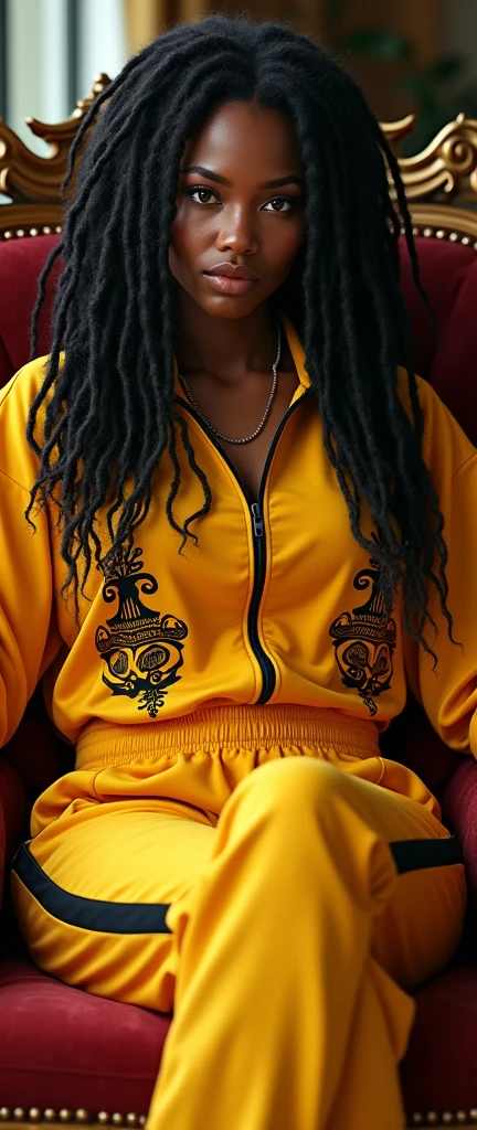 a Jamaican Caribbean woman with dreadlocks,wearing a tracksuit with black culture motifs,reclining on a baroque sofa with a deadpan expression and swagger posture,(best quality,4k,8k,highres,masterpiece:1.2),ultra-detailed,(realistic,photorealistic,photo-realistic:1.37),detailed face and body,HDR,UHD,studio lighting,ultra-fine painting,sharp focus,physically-based rendering,extreme detail description,professional,vivid colors,bokeh,digital painting,portrait,black culture,afro caribbean