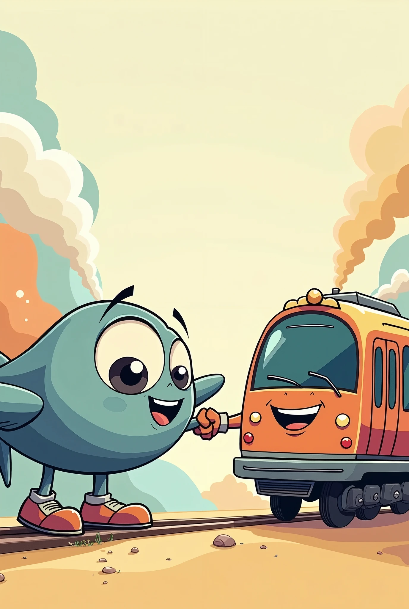 Cartoon anthropomorphic style of airplane and cartoon anthropomorphic style of subway car shaking hands