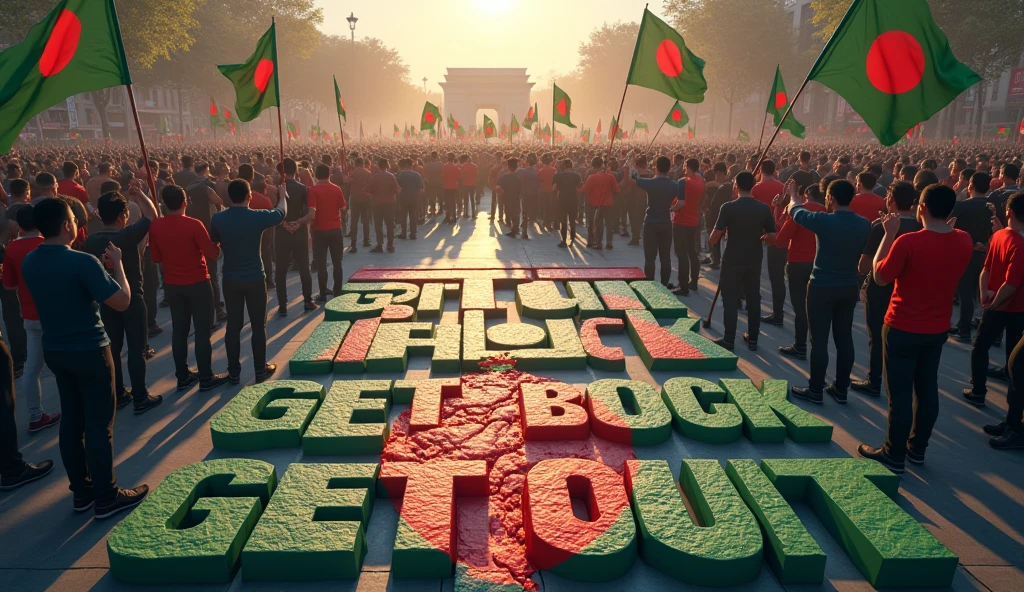The people of Bangladesh are protesting together, some people will have Bangladesh flag in their hands, in the middle there will be a big flag and there will be a map of Bangladesh. (Go back get out India facebook group) mast be written on the ground 3D .