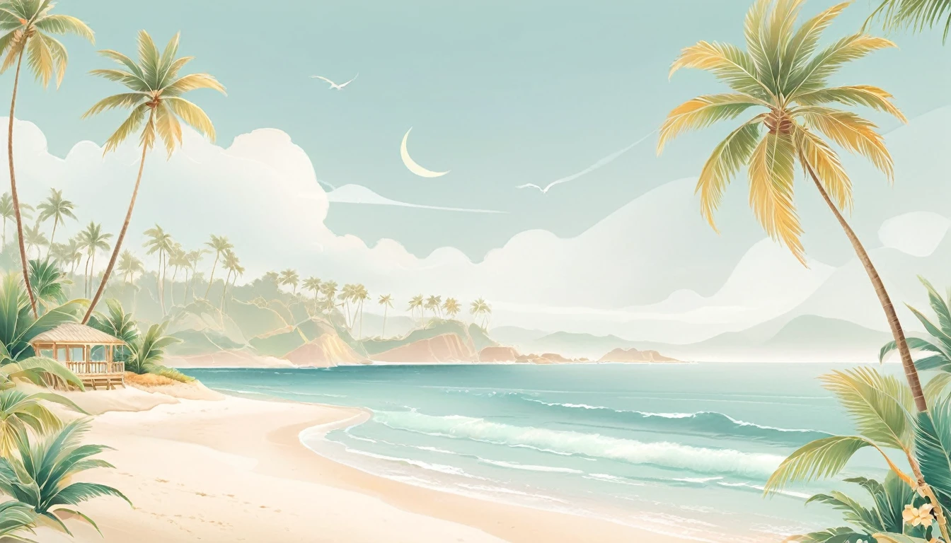 Minimalism，(Golden Section composition), (Golden Ratio),Minimalism，Create a flat color illustration of a vibrant beach vibe with a laid-back, morning atmosphere. The image should be perfect for early morning relaxation, combining tropical rhythms and gentle, awakening melodies. Incorporate pastel-tinted elements, such as palm trees swaying in the soft morning breeze, and a serene beach with calm waves. Add a few beachgoers quietly enjoying the peaceful morning, perhaps walking along the shore or relaxing on the sand. Incorporate pastel-tinted elements, such as palm trees swaying in the soft morning breeze, and a serene beach with calm waves. Add a few beachgoers quietly enjoying the peaceful morning, perhaps walking along the shore or relaxing on the sand. The overall scene should evoke a sense of calm and tranquility, capturing the essence of a peaceful beach morning.
